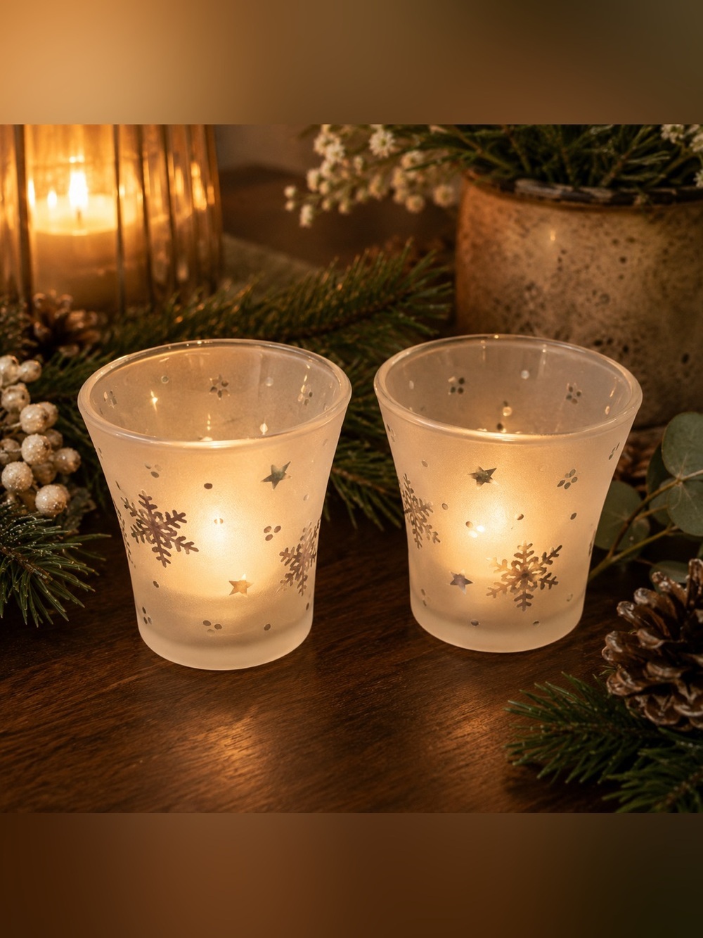 PartyLite Snowy Nights Frosted Glass Votive Candle Holder Pair Snowflake